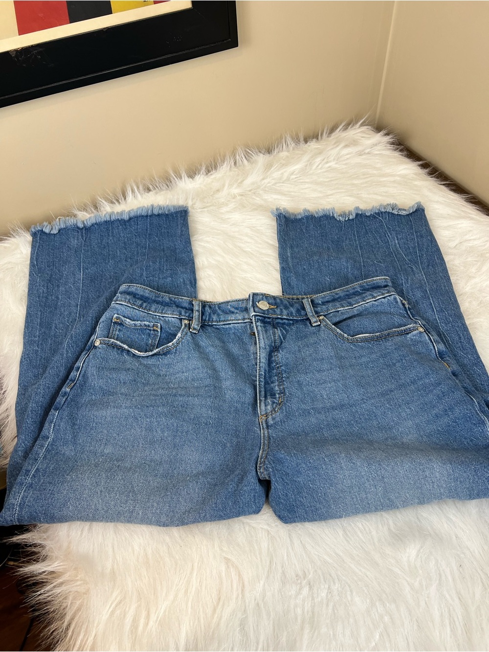 Loft wide leg crop Classic Women's Blue Denim Jeans with Raw Hem 31 petite